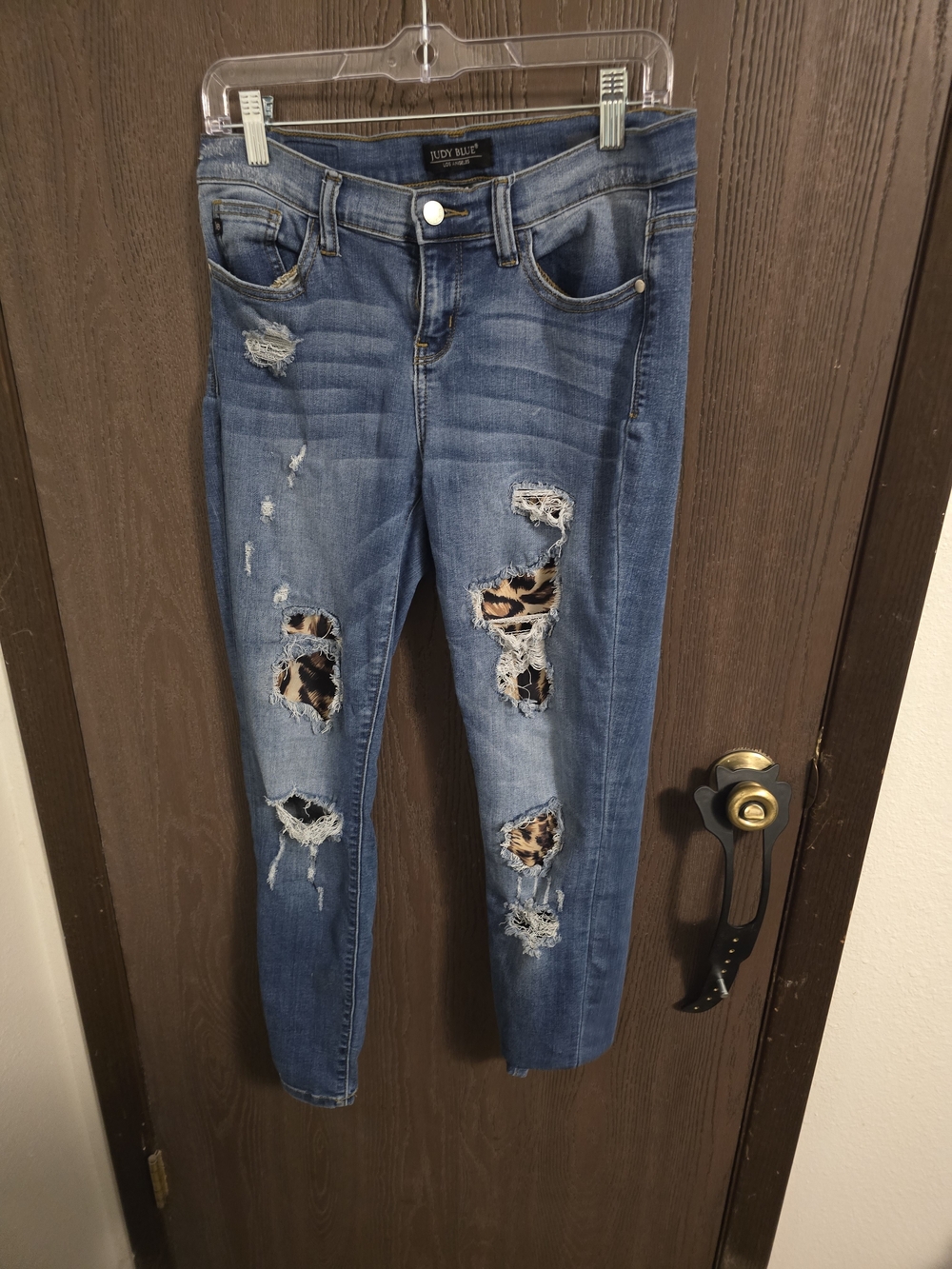 Judy Blue Blue Skinny Jeans with Leopard Patch Distressing - Picture 1 of 7